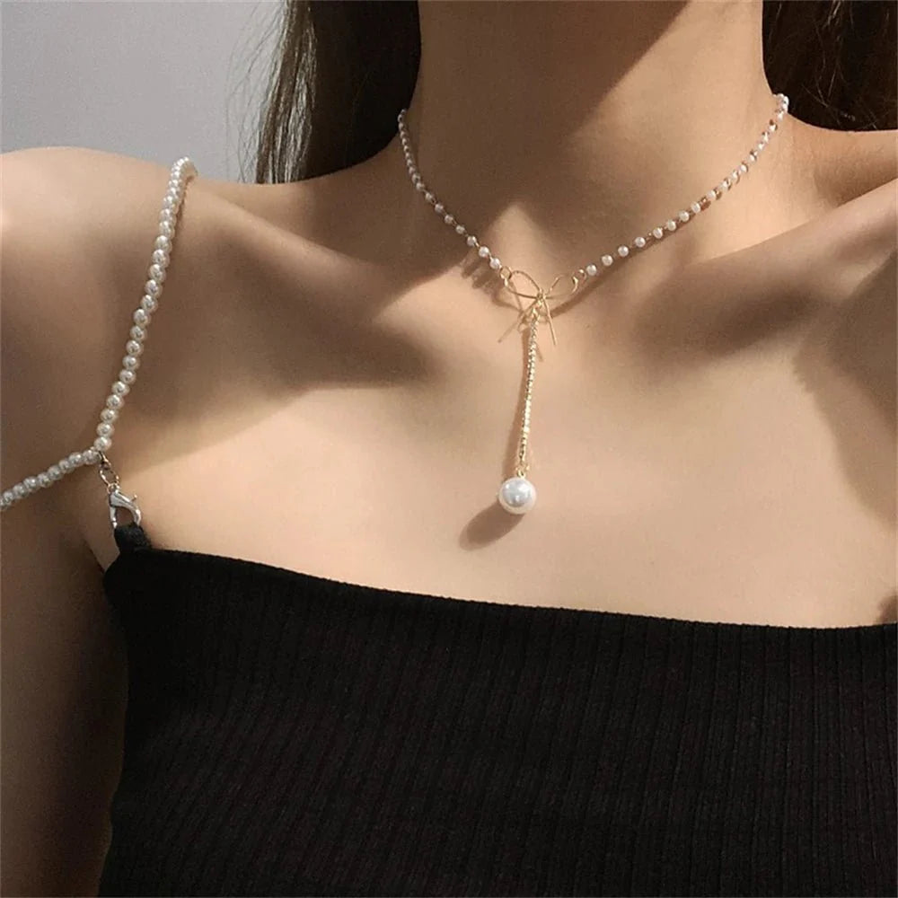 Bow Pearl Drop Choker Necklace