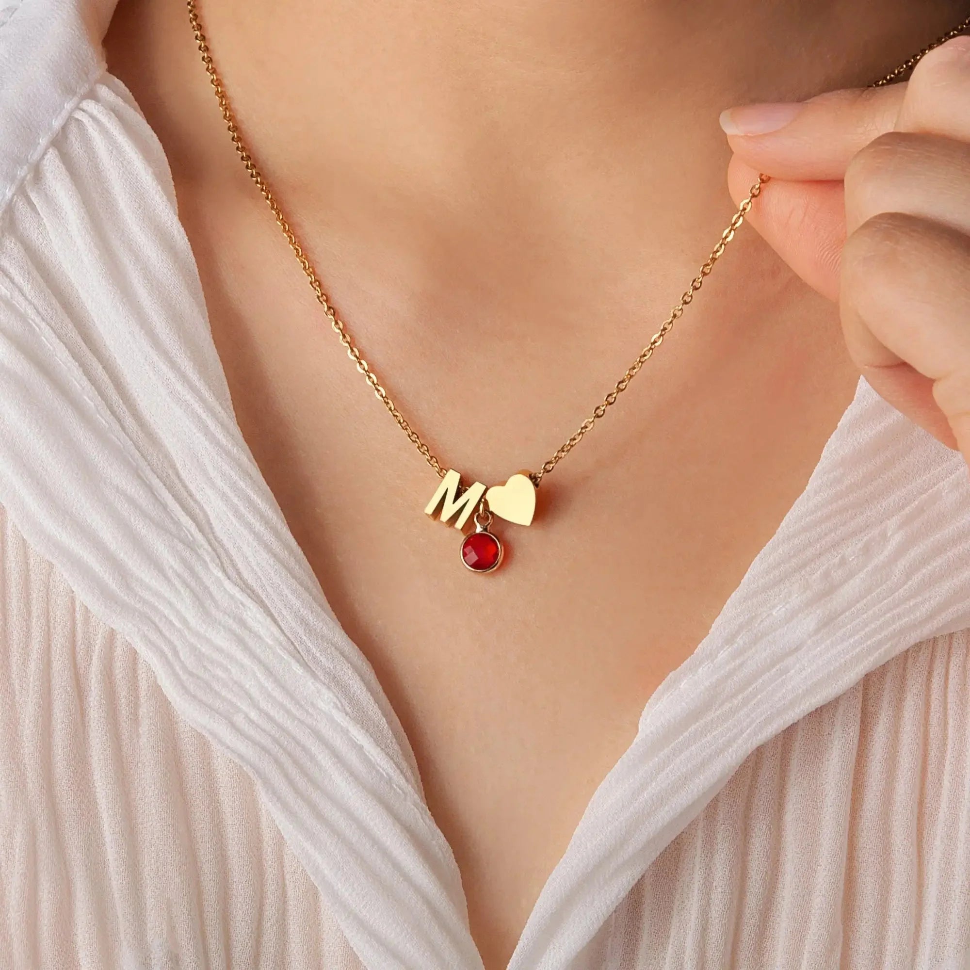 Dainty Heart & Birthstone Letter Initial Necklace