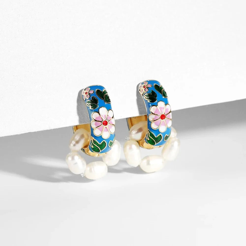 Floral Elegance Pearl Enamel Hoop Earrings