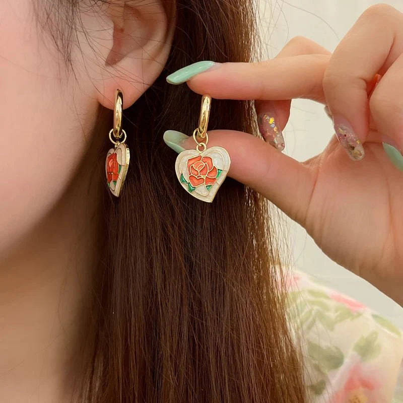 Romantic Flowing Heart Rose Earrings