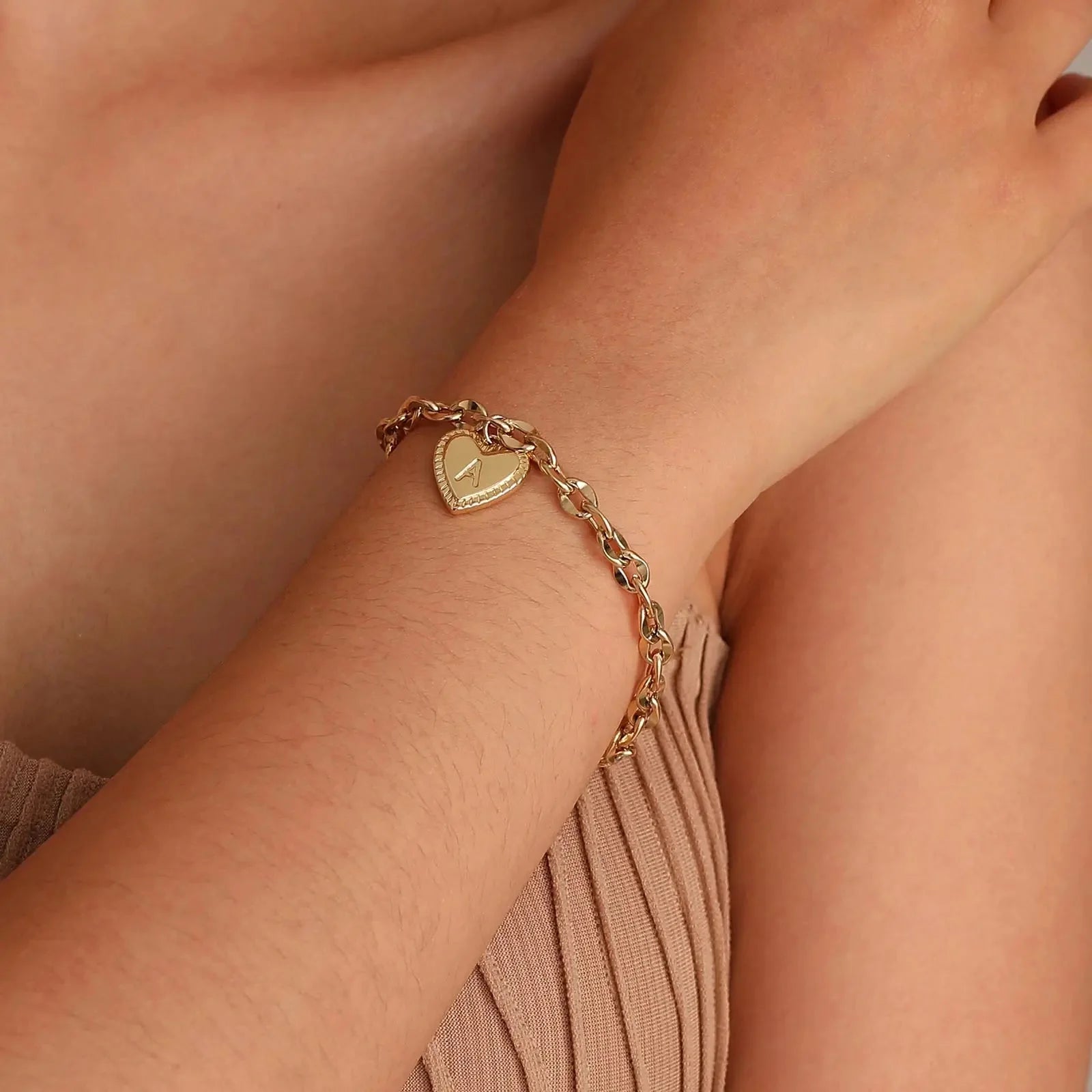 14k Dainty Heart Engraved Letter Initial Bracelet