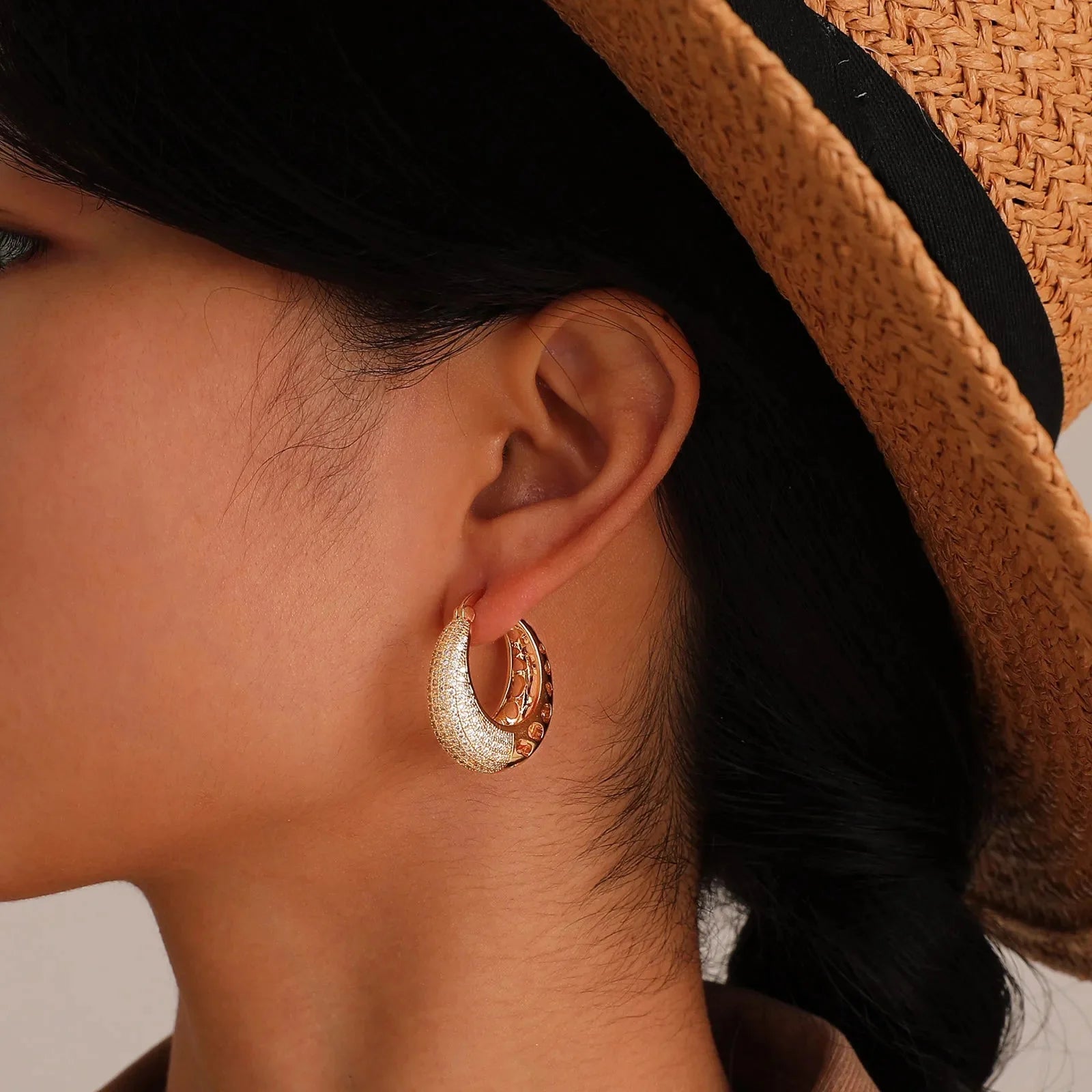 14k Intricate Half Diamond Hoop Earrings