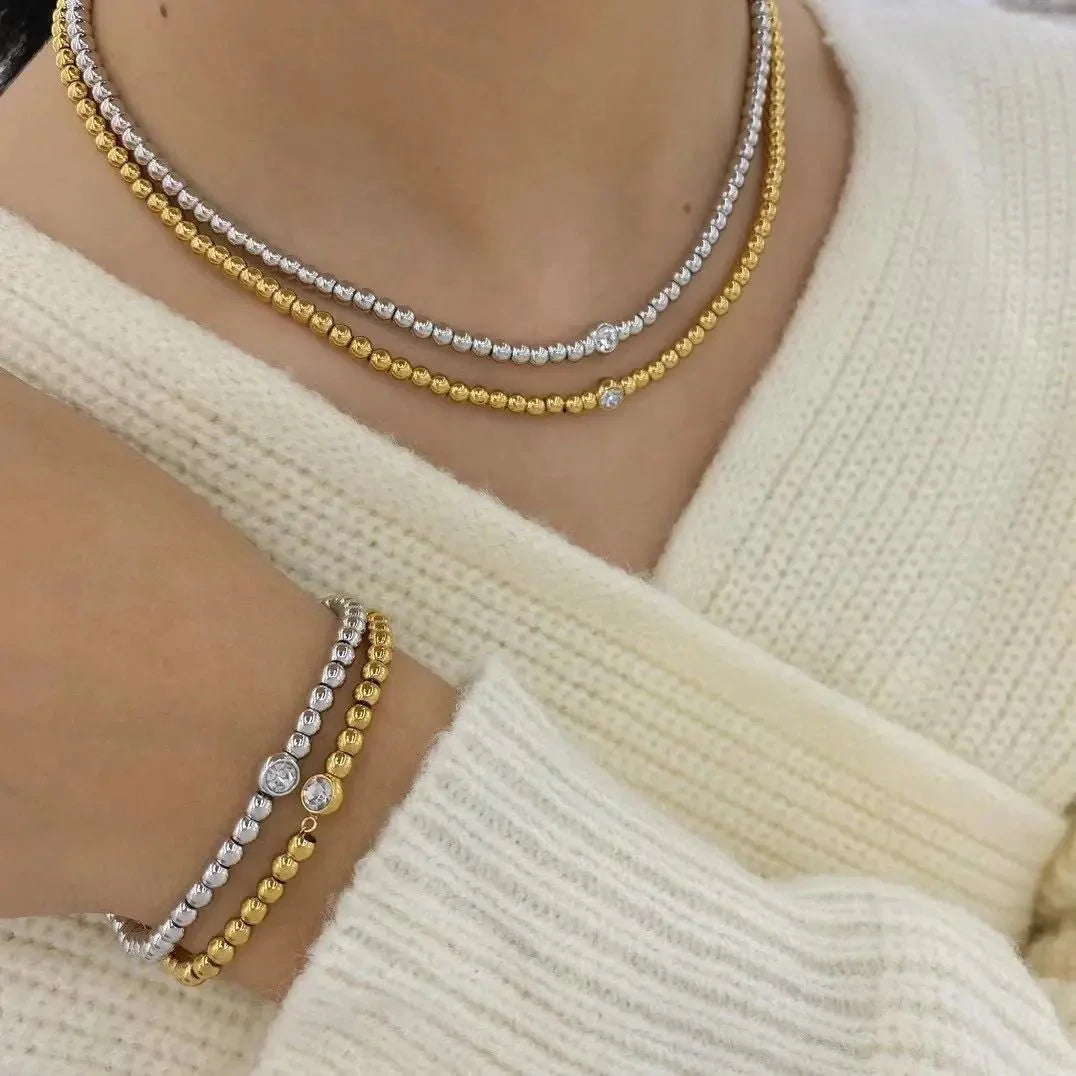 18k Beaded Diamond Center Necklace and Bracelets