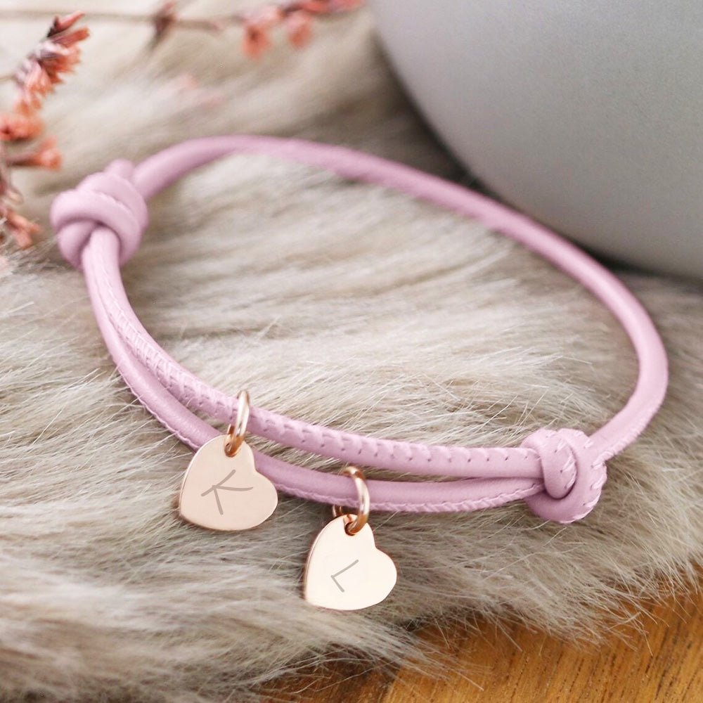 18k Personalized Leather Heart Charm Bracelet