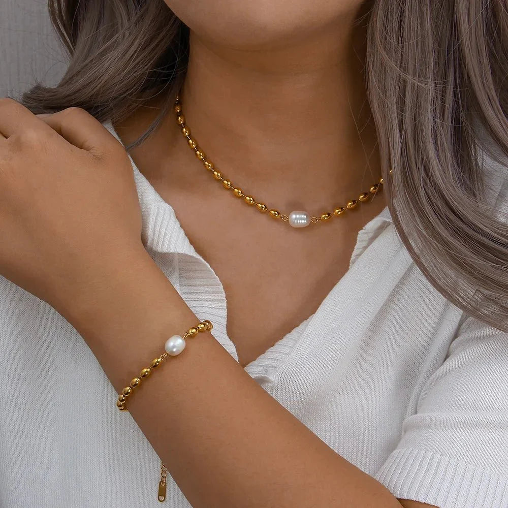 Beaded Gold Dainty Pearl Bracelet and Necklace