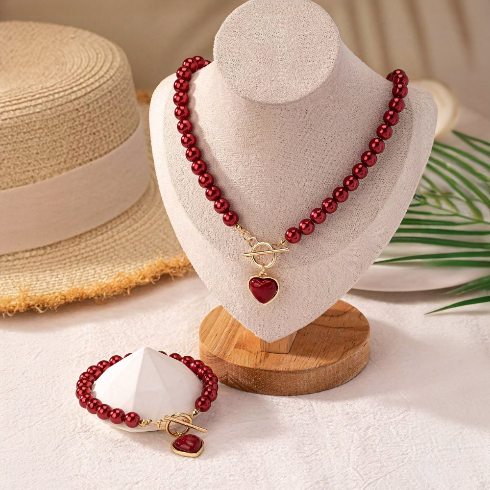 2pc Beaded Heart Pendant Bracelet and Necklace Set