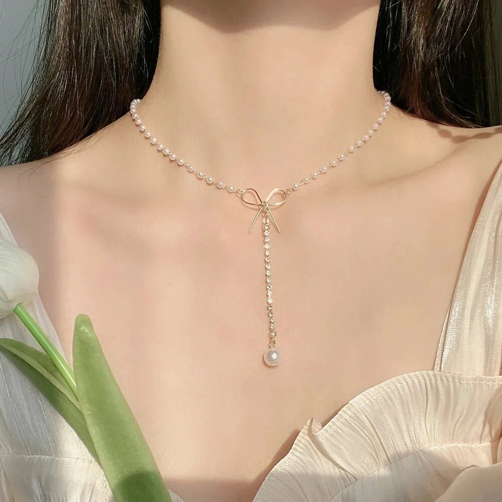 Bow Pearl Drop Choker Necklace