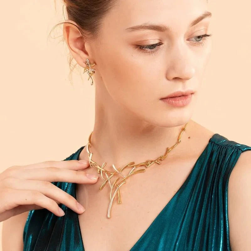 Elegant Two-Tone Branch Cross Necklace and Earring Set