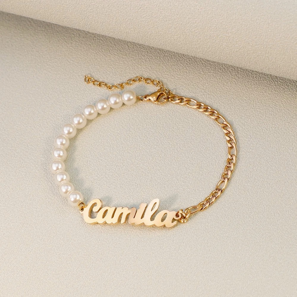 Personalized Name Pearl Figaro Chain Bracelet