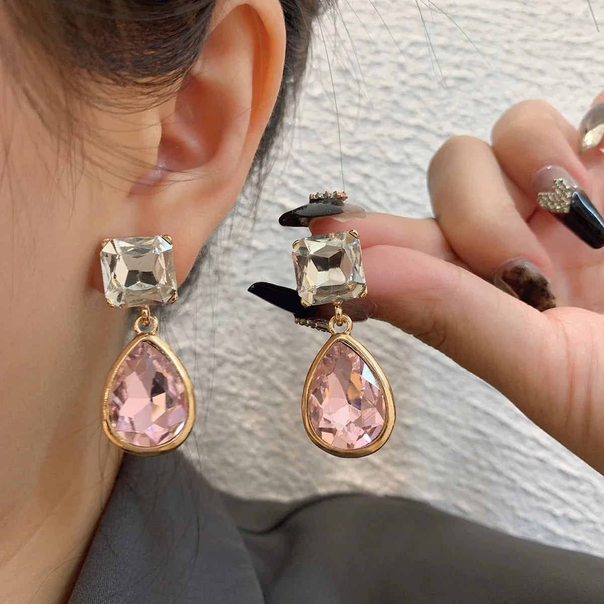 Pink Square Teardrop Diamond Earrings
